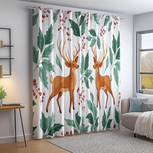Tende oscuranti lunghe, 2 pannelli Acquerello Animali Cervi Foglie Di Agrifoglio in poliestere perforato per camera da letto e soggiorno - isolamento termico 117 L x 229 A cm (2Pannelli) Bianco