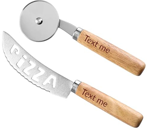 Coupe-pizza personnalisé en bois – Cadeau original pour papa, papy, parrain, fête des pères, Noël, retraite – Gravure personnalisée offerte (Kit Pizza : Roulette + Couteau)