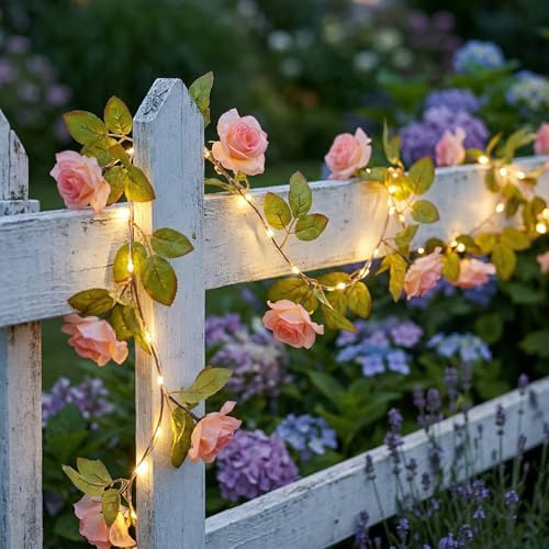 Ninonly Efeu Lichterkette Rosen, 2,2m 40 LED Künstlich Rosa Rosen Girlande Außen, Wasserdichte Blumen Lichterkette für Innen, Batteriebetrieben Efeu Deko für Garten Balkon Schlafzimmer Hochzeit