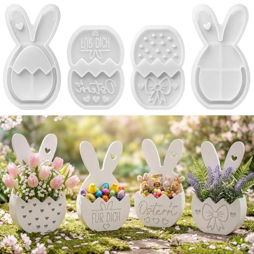 4 moldes de silicona para pascua, moldes de Pascua para pequeñas cestas de flores, conejos de Pascua, moldes de silicona, molde de silicona para fundición de yeso, moldes de vela 3D de conejo de