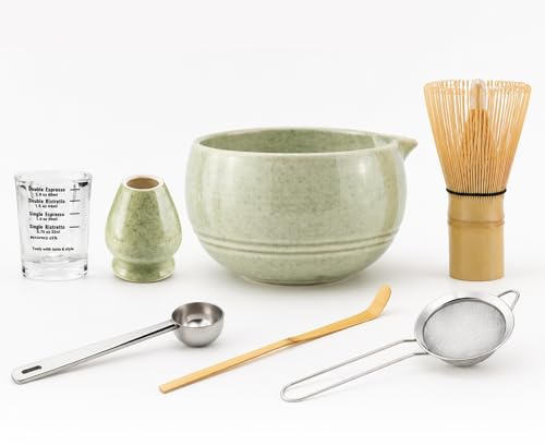 Cosblisvia Matcha Set, Juego de 7 Piezas, Set de Tazones y Batidor de Matcha con Pitorro para Principiantes, Profesionales y Amantes del Té en la Oficina, Hogar, Casas de Té (Verde Moteado)