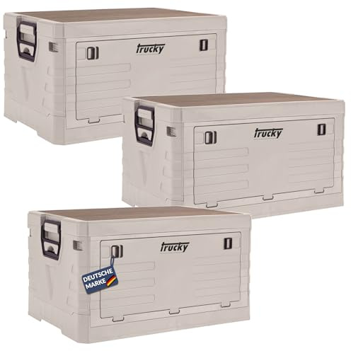Trucky Storage Box mit Deckel Camping Klappbox Klappkiste Aufbewahrungsbox | 3er Set 45 L, 53 x 36 x 29 cm, Beige, faltbar, Aufbewahrung, Kiste