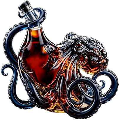 Rum Edition - Bottiglia decorativa 3D a forma di polpo, arte nautica, da collezione, per vino, whisky, liquore, bibite o bicchieri (nero, 350 ml)