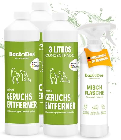BactoDes - Désodorisant concentré Animaux 3L avec Vaporisateur mélangeur - Spray Chat Anti Pipi Puissant avec Effet microbien Bio - Anti Odeur litiere Chat - Anti Odeur Chien - Elimine Les odeurs