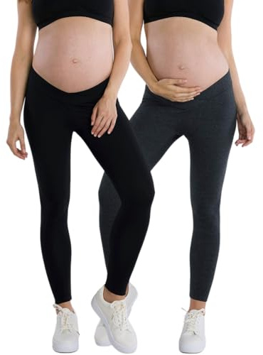 Motherhood Maternity Women's Maternity Bump Start 2 Pack Under Belly Casual Leggings, Black and Grey, M (Pack of 2)