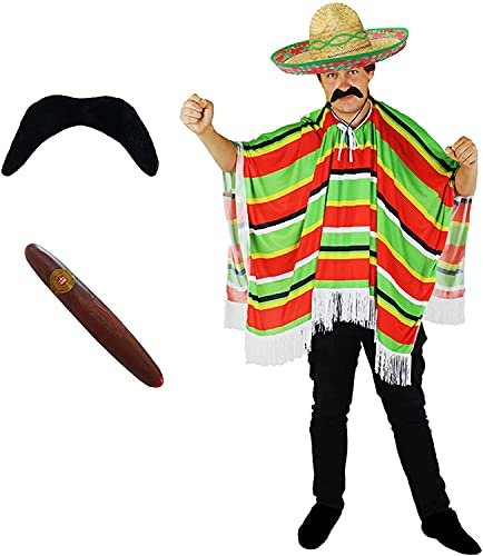 Mexikansk flerfärgad poncho + sombrero + mexikansk stil Tash och cigarr perfekt för alla vuxna maskeradfester för män eller kvinnor – grön Sombrero