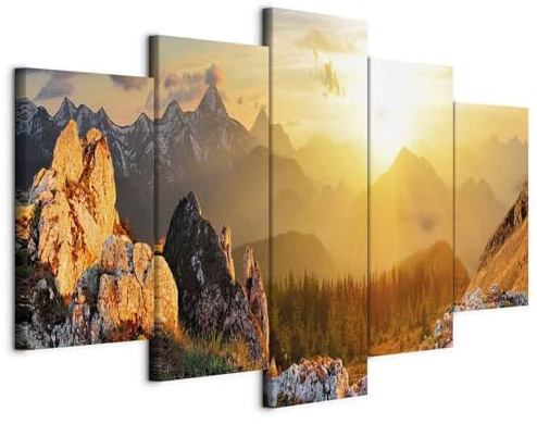 B&D XXL - Leinwandbild Natur Berge Sonnenaufgang, 225x112 cm, 5-teilig | Hochwertige Leinwand, sofort aufhängbar, ideal fürs Wohn- oder Schlafzimmer, wasserfest und lichtecht, langlebig, stilvoll