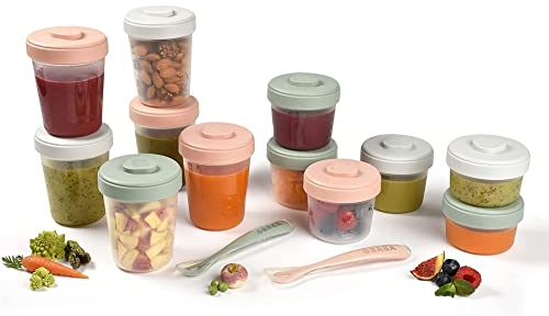 BÉABA, Lot de 12 Portions Conservation et 2 Cuillères Silicone, Clip, Pots empilables et emboîtables, 100% hermétique, Graduation, Congélation, Lait Maternel (2x90 ml & 4x150 ml & 6x250ml), Eucalyptus