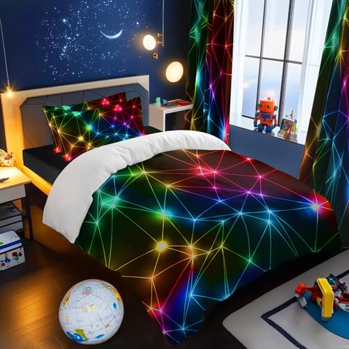 BlessLiving Single Duvet Cover Retro Neon Triangle Bedding Set Starry Night | Duvet Cover Sets Black Dreamy with Pillowcase Galaxy Constellation Sky Star Soft Breathable Microfiber Bedroom Accessories