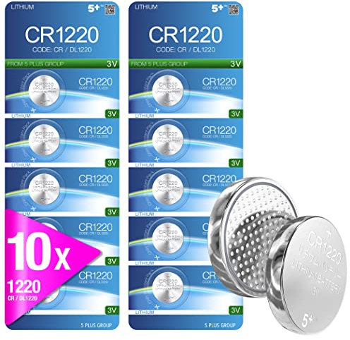 5Plus 10-Pack CR1220 3V Lithium Coin Cell Batteries – Compatible with CR1220, DL1220, ECR1220 – Ideal for Watches, Remotes, LED Lights, Toys, Car Keys, Scales & More