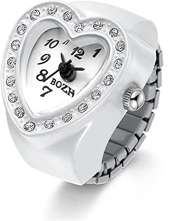 JewelryWe Men Women Finger Watch Heart Shape Rhinestone Quartz Analog Finger Ring Watches, Adjustable Size,
