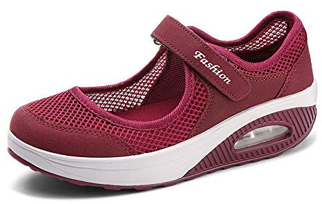 Chaussures pour diabétiques pour femme - Légères et larges - Fermeture Velcro - Respirantes - Orthopédiques - Chaussures de premiers soins, rouge, 39 EU