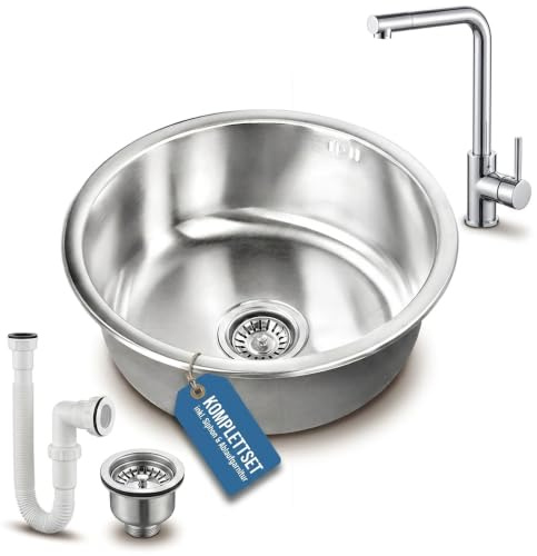 Midori Edelstahlspüle Rund Ø 45 cm mit Siphon & Ablaufgarnitur | Aufsatzspüle ohne Hahnloch, kratzfest | Küchenspüle rostfrei mit Silence-Beschichtung & Überlaufschutz
