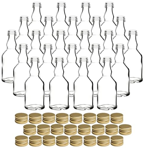gouveo Juego de 24 botellas de vidrio Mina de 50 ml con tapón de rosca dorado - mini botella de 0,05 l para rellenar - botellas de vidrio para licor, aceite o para manualidades (MFM050G)