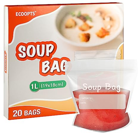 ECOOPTS Versiegelte Gefrierbeutel 1 Liter wiederverwendbare Suppen- und Soßen-Flüssigkeitsbeutel (20 Stück)