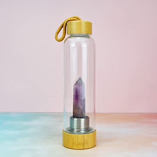 BiiKoon Crystal Infused Water Bottle Healing Natural Gemstone Energy Stone Water Cup with Bamboo Cover Removable Amethyst Gravel Quartz Glass Bottles (Color : Amethyst, Size : 500ml)