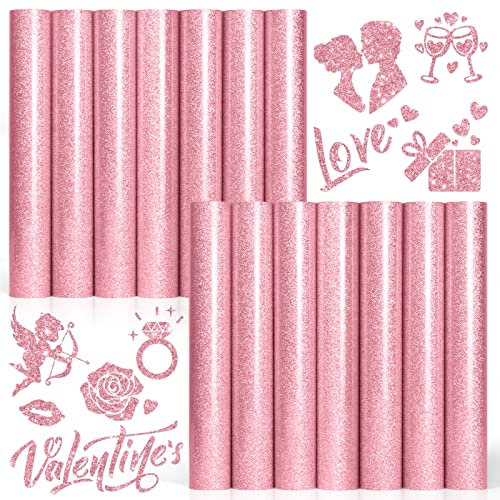 Pink Glitter Heat Transfer Vinyl HTV,14 Pack 12x10 Iron On Vinyl for Cricut, Easter Decorations for Shirts Dress, 14 Sheets Pink Colors HTV Glitter Heat Press Vinyl