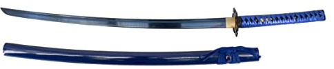 Funktionsfähiges blaues Katana, 104 cm, AISI 1045 Stahlklinge mit Blauer Beschichtung, Blaue Scheide und Blauer Schnurwicklung, Blauer Kunstledergriff, mit Ständer und Holzkiste.
