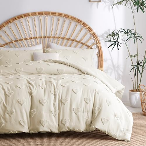Freyamy Herz Bettwäsche 135x200 2teilig Romantisch Beige Khaki Bettwäsche Getuftet Tufting Bohemian Bettwäsche-Sets Weich Warm Gewaschene Mikrofaser Bettbezug mit Reißverschluss + Kissenbezüge 80x80