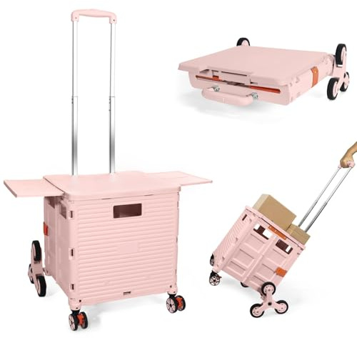 Carrito de Compras Plegable, Carro Portátil Plegable con Ruedas para Subir Escaleras, Cesta Compacta con Tapa Magnética, Carrito Rodante con Mango Telescópico, Ligero y Resistente hasta 80KG-Rosa