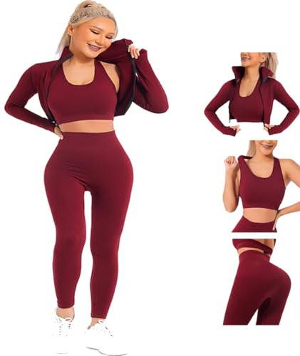 Veriliss Dam 3-delad gym träningsoverall sömlösa löpkläder fitness kläder joggingdräkt dragkedja luvor fitness jogging tennis löpning, röd, L
