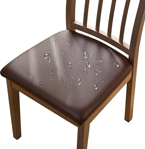Alishomtll Leather Dining Chair Covers Set of 4/6 PU Chair Seat Slipcovers Waterproof Chair Covers Removable Seat Covers with Fixing Buckle for Dining Room Kitchen Garden Office (Brown, 6pcs)