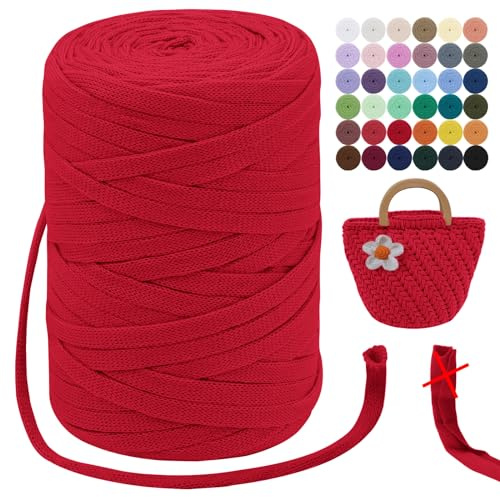 LEREATI T-Shirt Garn 7mm Textilgarn zum Häkeln für Körbe 100m / 250g Bändchengarn Makramee Häkelgarn Stoff Dickes Garn für Taschen Korb Decke, Heimdekoration (Rot)