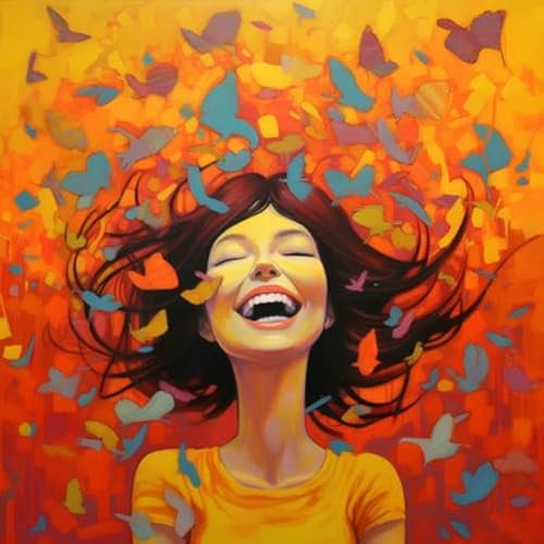 adrium Acryl-Bild 90 x 90 cm: Lächelnde Frau mit fliegenden Schmetterlingen im Gesicht. Bunter Hintergrund. (208729301)