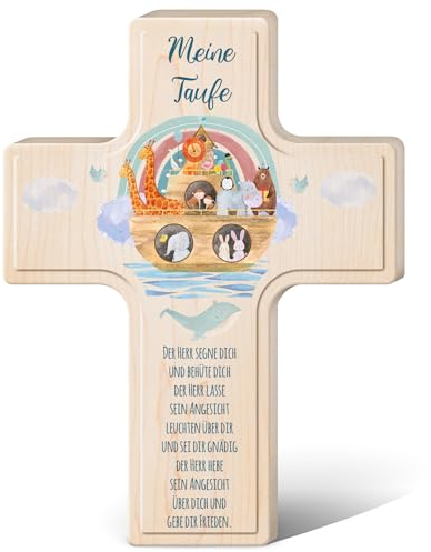 GRAVURZEILE Personalisiertes Kinderkreuz zur Taufe Kommunion und Konfirmation - Arche Design - Holzkreuz für Kinder personalisiert mit Text - Personalisierte Geschenke für Jungen und Mädchen - Blau