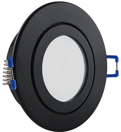 LED Einbaustrahler Feuchtraum IP44 schwarz pulverbeschichtet | rund Echtglas | Lochmaß Ø 60mm - 75mm | Einbautiefe 55mm | Anschlussfertig mit MR16 12V Fassung Farbe 5W LED warmweiß MR16 12V