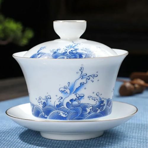 YOGAYE Sopera de té Dorada Pintada a Mano de Porcelana Blanca de 180ml, Arcilla Gaiwan para tazón de té con Tapa, Taza Gaiwan