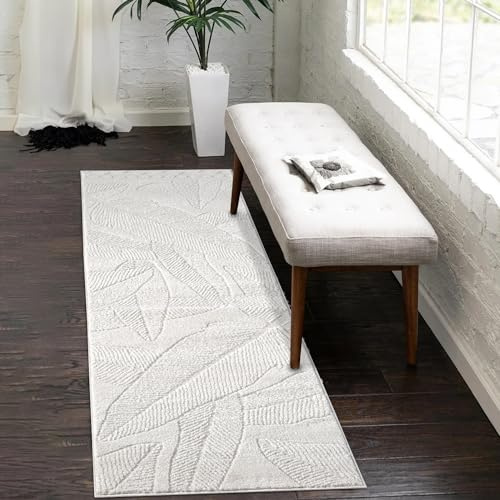 payé Teppich Läufer - 80x150cm Creme Bodenbelag Hochtief Struktur Flachflor - Florales Muster Boho Design Wohnteppich