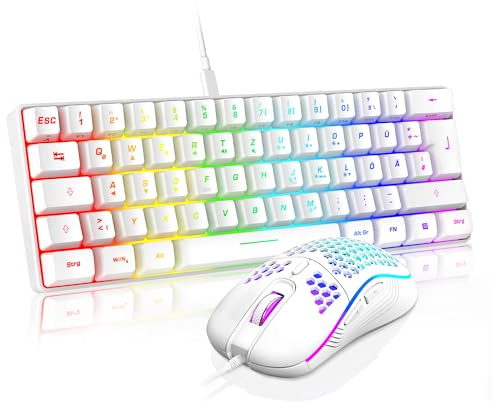 RedThunder 60% RGB Verkabelte Gaming Tastatur und Maus Set, 7200 DPI, Mini Gaming Tastatur, 62 Tasten, DE Layout, Ultraleichte Maus mit Wabenkonstruktion für PC MAC PS5 Xbox Gamer (Weiß).
