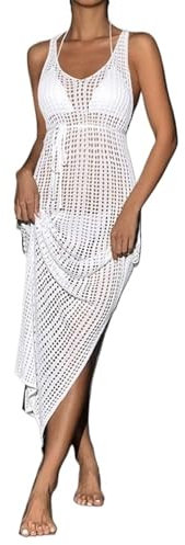 Vestidos Playa Mujer Vestido playero de malla transparente for mujer, vestido playero Sexy sin mangas con abertura, traje de baño liso de rejilla for verano Mujer Casual Playa Vestido(Color:WHITE)