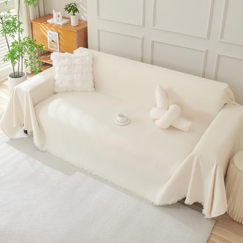 Royhom Sofa Überzug Chenille, Sofabezug L Form, Couch Überzug Ecksofa, Sofaüberwurf 4 Sitzer, Couch Überwurf mit Deko Quasten, Beige Sofa Überwurf(Beige, 180x380cm)