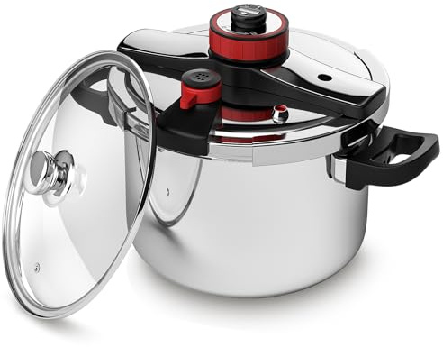 BreeRainz 304 Stainless Steel Pressure Cooker 8.45QT, 3-Stage PSI Settings, One-Hand Locking,Explosion-Proof Pot w/Extra Glass Lid, Timer, Steaming Rack(Induction Compatible Olla de Presion)