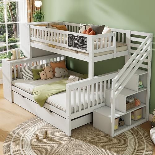 Hausbett, Kinderbett, Etagendoppelbett, mit Graffiti-Brett, multifunktionales Kinderbett, mit Treppe und Aufbewahrungsschränken, mit Schubladen, ohne Matratze 140 * 200cm & 90 * 200cm, weiß