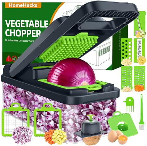 HomeHacks Tagliaverdure 12 in 1, accessorio da cucina, affettatrice, cipolla, insalata, grattugia e separatore per uova, coperchio multifunzione con manico (grigio)
