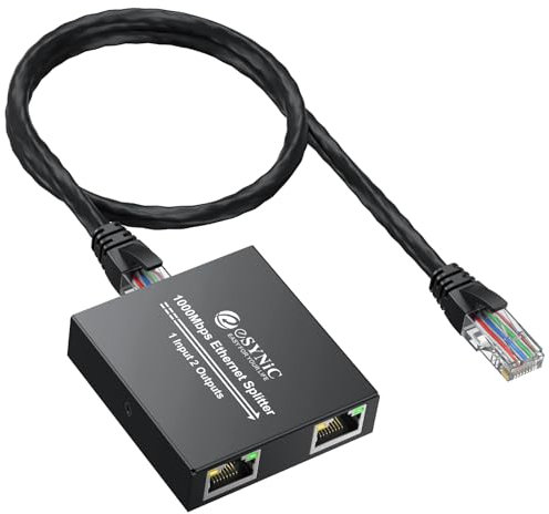 eSynic Gigabit Ethernet Splitter 1 in 2 Out con Cavo di Rete 0.5m, RJ45 LAN Switch 1 a 2 Porte 1000mbps con Cavo Type-C di Alimentazione, 1X2 Sdoppiatore di Rete Supporta Cavi Cat5/5e/6/7/8