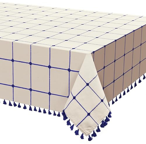 COTTONIVA Tischdecke - 100% Baumwolle, 140x220 cm, Weich, Strapazierfähig und Pflegeleicht, Ideal für Esszimmer, Feiern und den Alltag - Hochwertige Baumwolle-Tischdecke Crème Blau