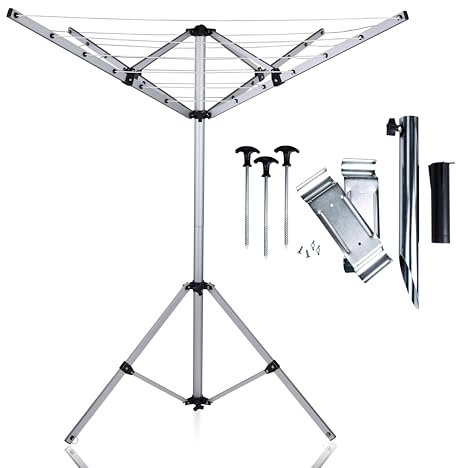 your GEAR Siena Caravan Séchoir à linge rotatif en aluminium à 4 bras avec support de roue stabilisatrice, pied, douille de sol