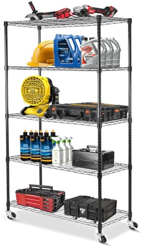 WUDLEP 180 X 91 X 35 cm Storage Shelves, 5 tier Wire Shelving Unit with Wheels Heavy Duty Metal Shelves for Adjustable Garage Storage Rack Pantry Shelf Commercial Shelving, Black