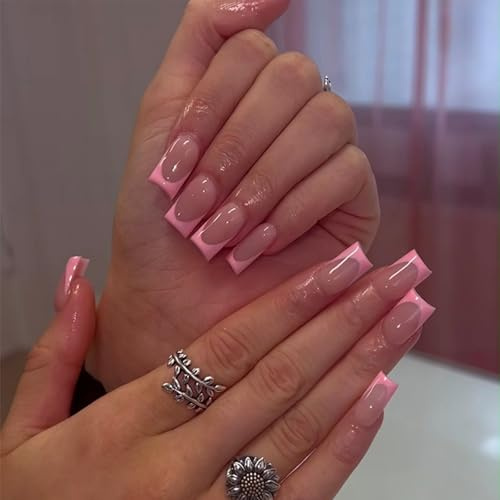 Pink French Tip False Nails - 24Pcs Coffin Press On Nails - 12Sizes Medium Square Fake Nails with Glue - Glossy Elegant Acrylic nails - Full Cover Fake Nails for Women Daily Wear Reusable Glue on Nail