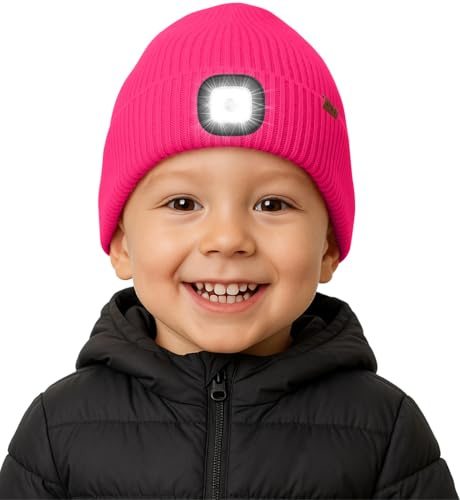ATNKE Kinder LED Beleuchtete Mütze mit Licht Fleece Gefüttert, USB Wiederaufladbare 4 LED Laufmütze Freihändig Stirnlampe Winter Warm Strick Mütze Geschenke für Jungen und Mädchen