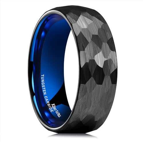 King Will Fedi nuziali da uomo in tungsteno da 8 mm, placcate blu e nere, con texture martellata, idea regalo per lui, taglia 7-14, vestibilità comoda, collezione artigianale, P 1/2(56.97mm), Carburo