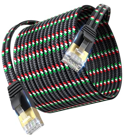 SNANSHI Ethernet Cable 25 ft, Flat Slim Nylon Braided Heavy Duty Cat7 Internet Network Cord - 10Gbps High Speed Shielded Pure Copper LAN Cable for Gaming, PS5, Xbox, PC, Router, Smart TV, Under Carpet