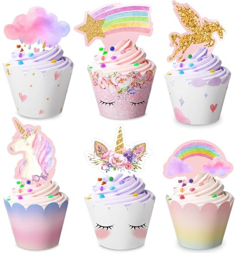 DazzJoy 24 Stück Einhorn Tortendeko, Einhorn Muffin Deko, Kuchendeko Unicorn Geburtstagsdeko, Unicorn Torten Deko für Babyparty Dekoration, Prinzessin Geburtstag Deko Mädchen