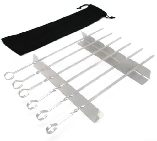 Estante de barbacoa de acero inoxidable, juego de pinchos para barbacoa con soporte y cepillo de aceite, 6 pinchos versátiles reutilizables para carne, verduras