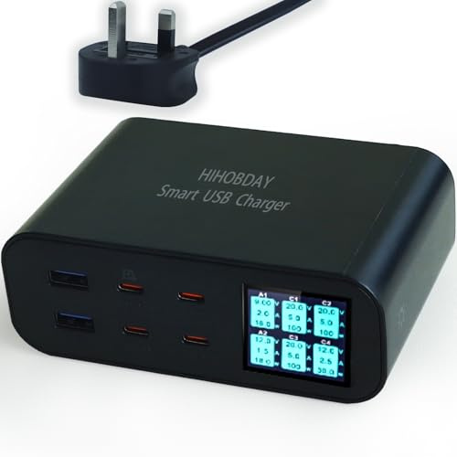 HIHOBDAY 160W 6-Port GaN Charging Station, USB C Fast Charger Plug with Display, Compatible with iPhone MacBook Samsung Huawei Series and More, Black