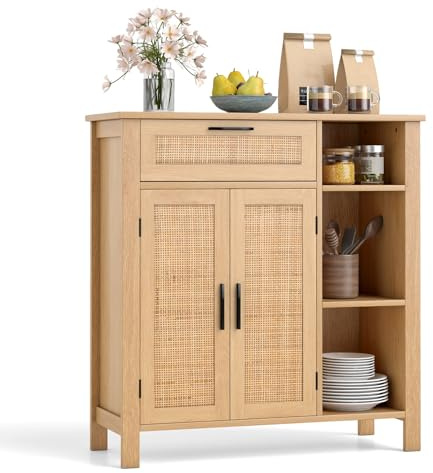 COSTWAY Storage Cabinet, Wooden Buffet Sideboard with 2 Rattan Woven Doors, Drawer, Adjustable Shelf & Open Cubbies, Boho Bar Cabinet Cupboard Display Organiser for Kitchen Dining Living Room